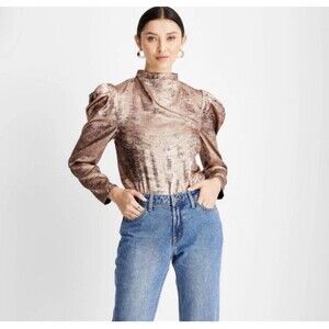 NWT FUTURE‎ COLLECTIVE Kahlana Barfield Brown Puff Long Sleeve Blouse Large